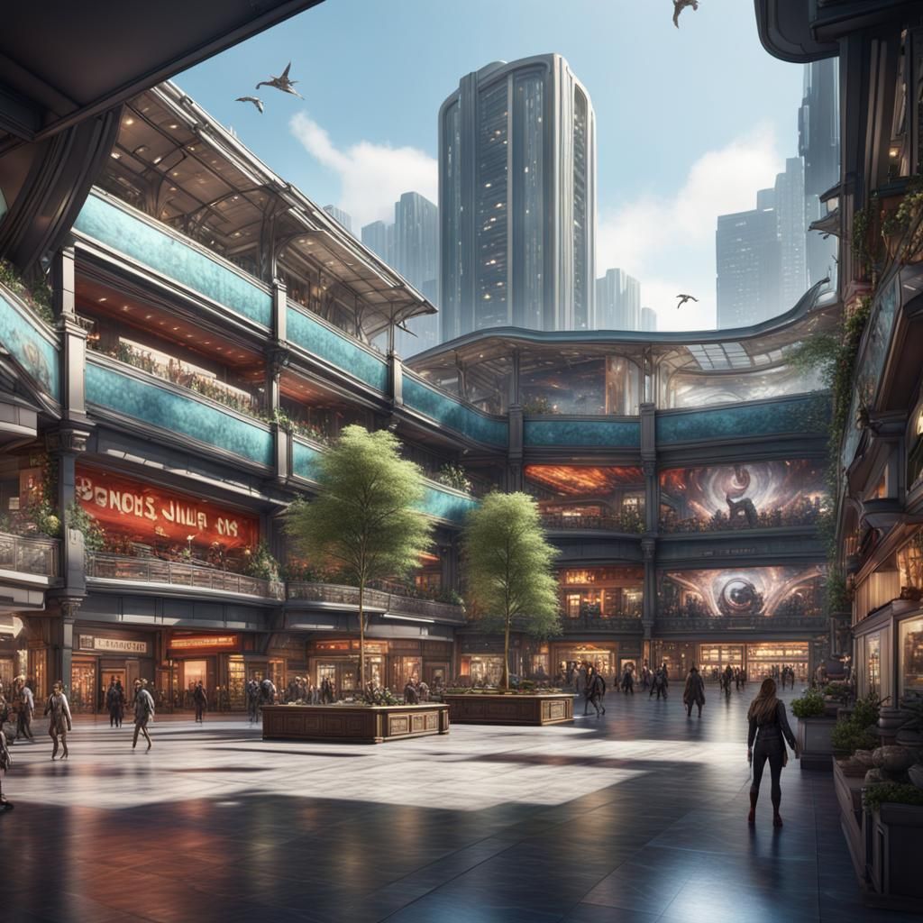 Modern City Shopping Center: Detailed Matte Painting