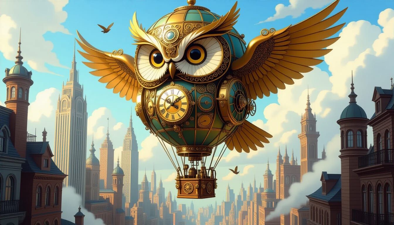 Steampunk Owl Balloon Soars Over Metropolis