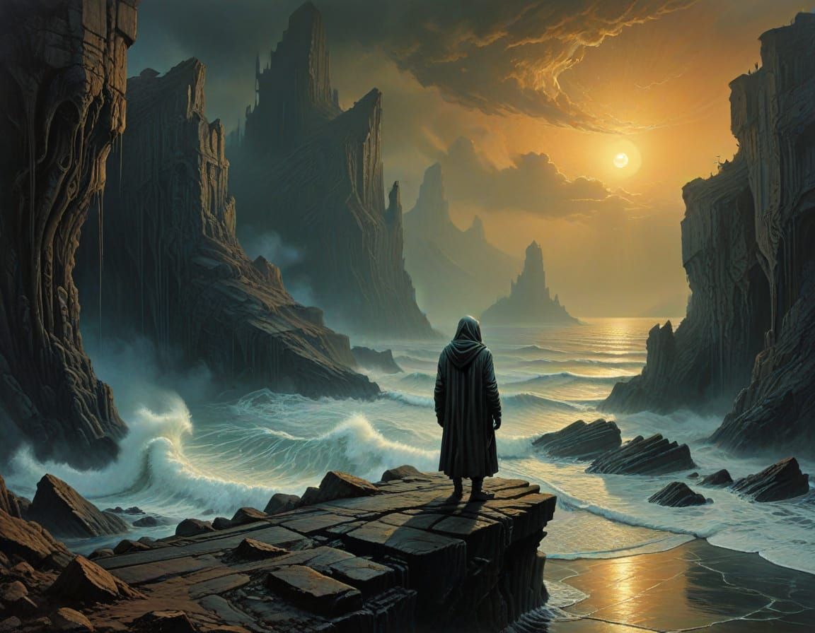 Ethereal Figure at Cliff's Edge, in Dark Surrealist Style