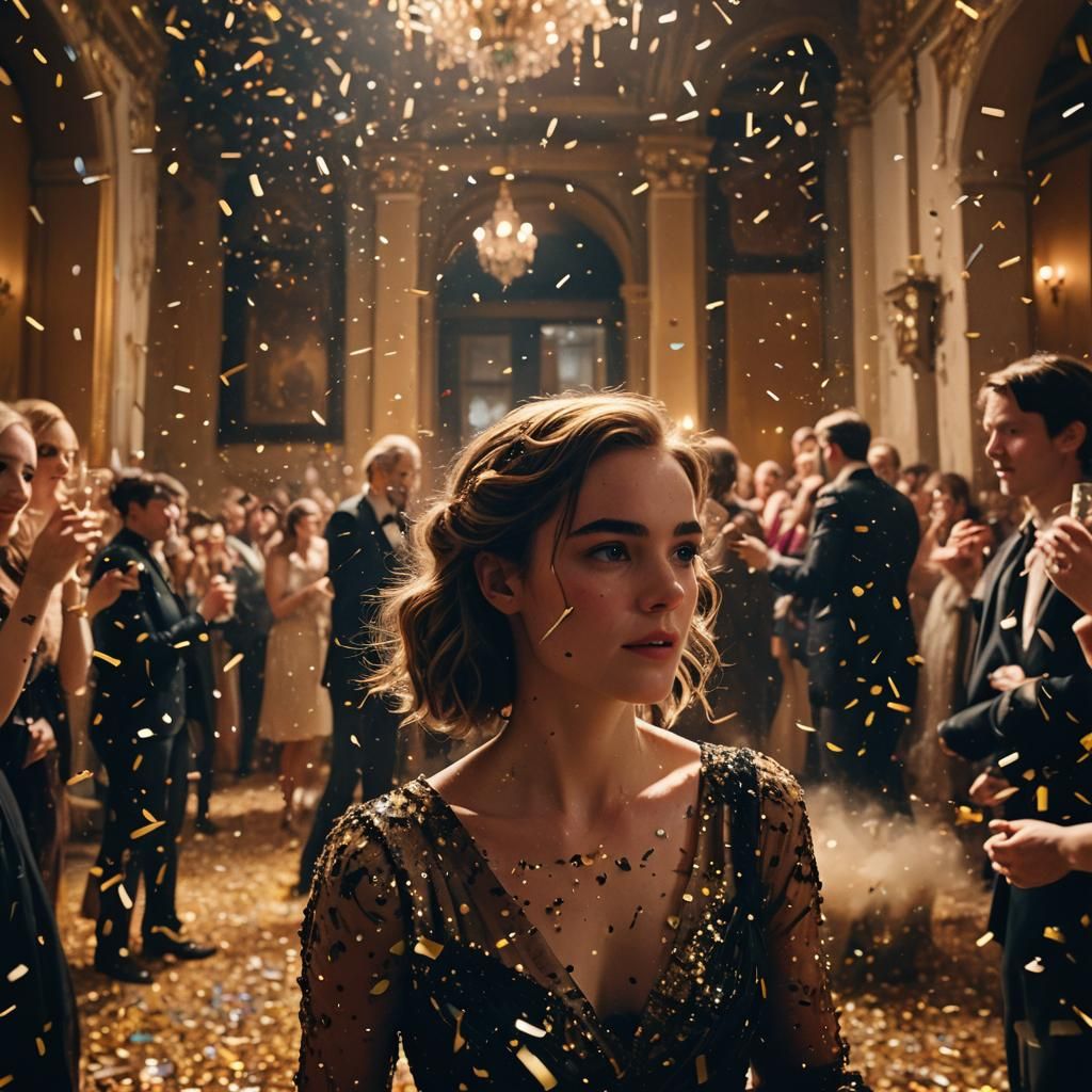 Emma's Celebration in Ornate Hall: Cinematic Film Still