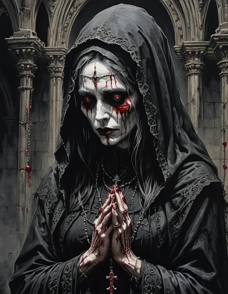 Gothic Horror: Black-Veiled Woman Crying Blood