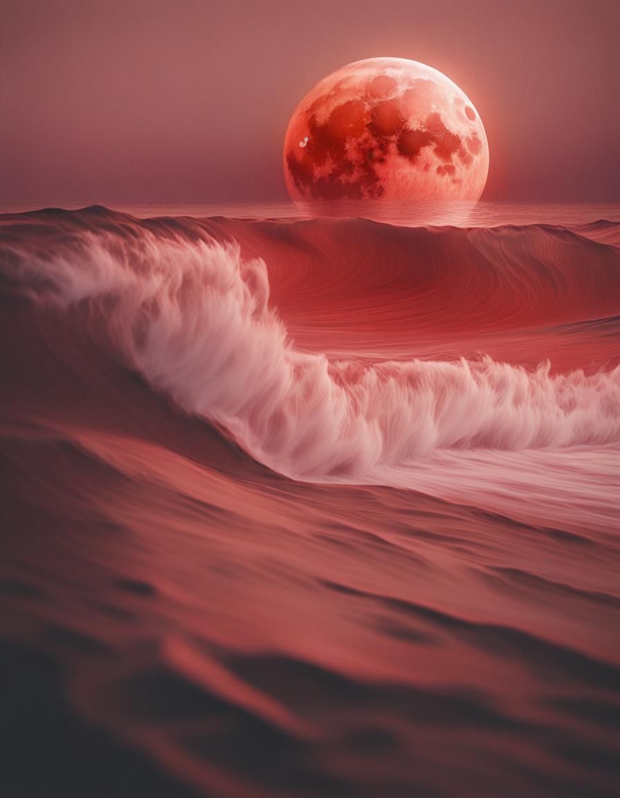 Blood Moonlit Wave: Soft Oil Painting Photography