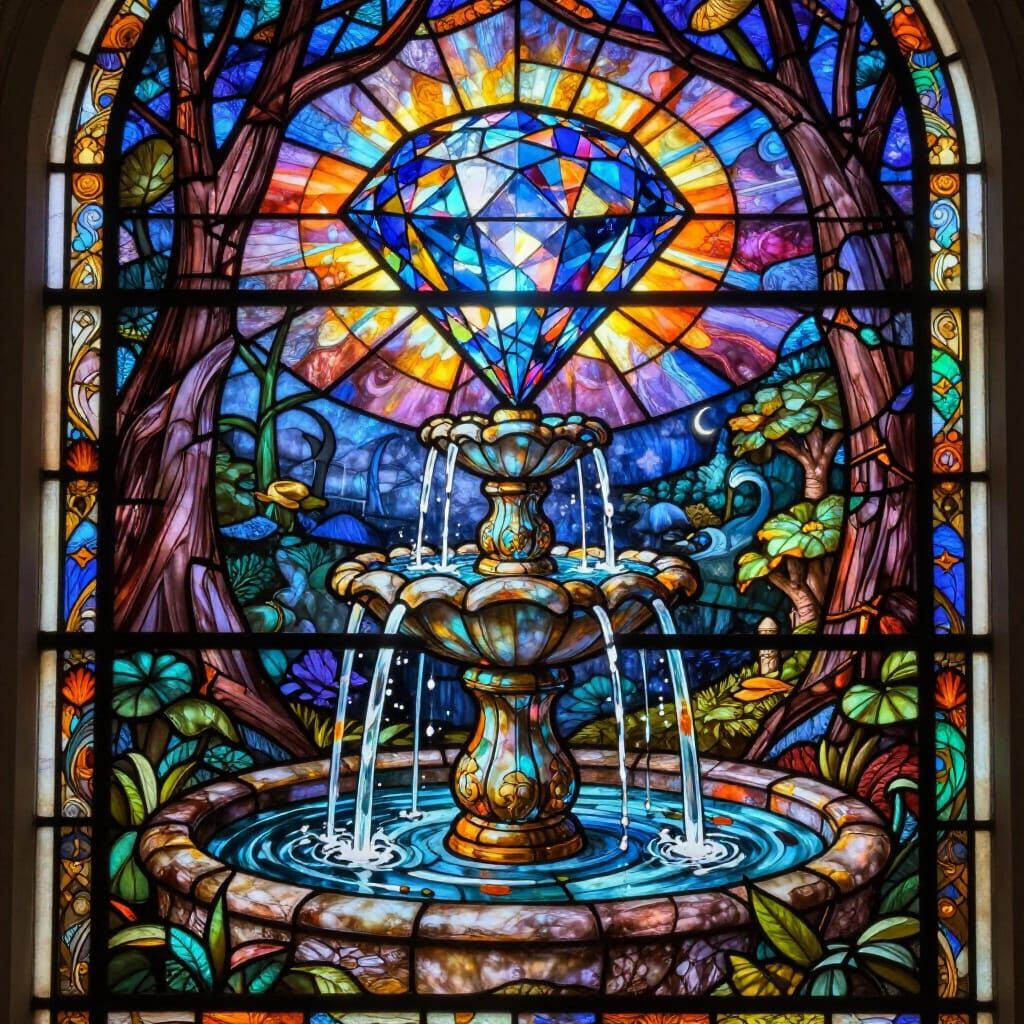 Stained Glass Diamond Radiates Light in Mystical Grotto