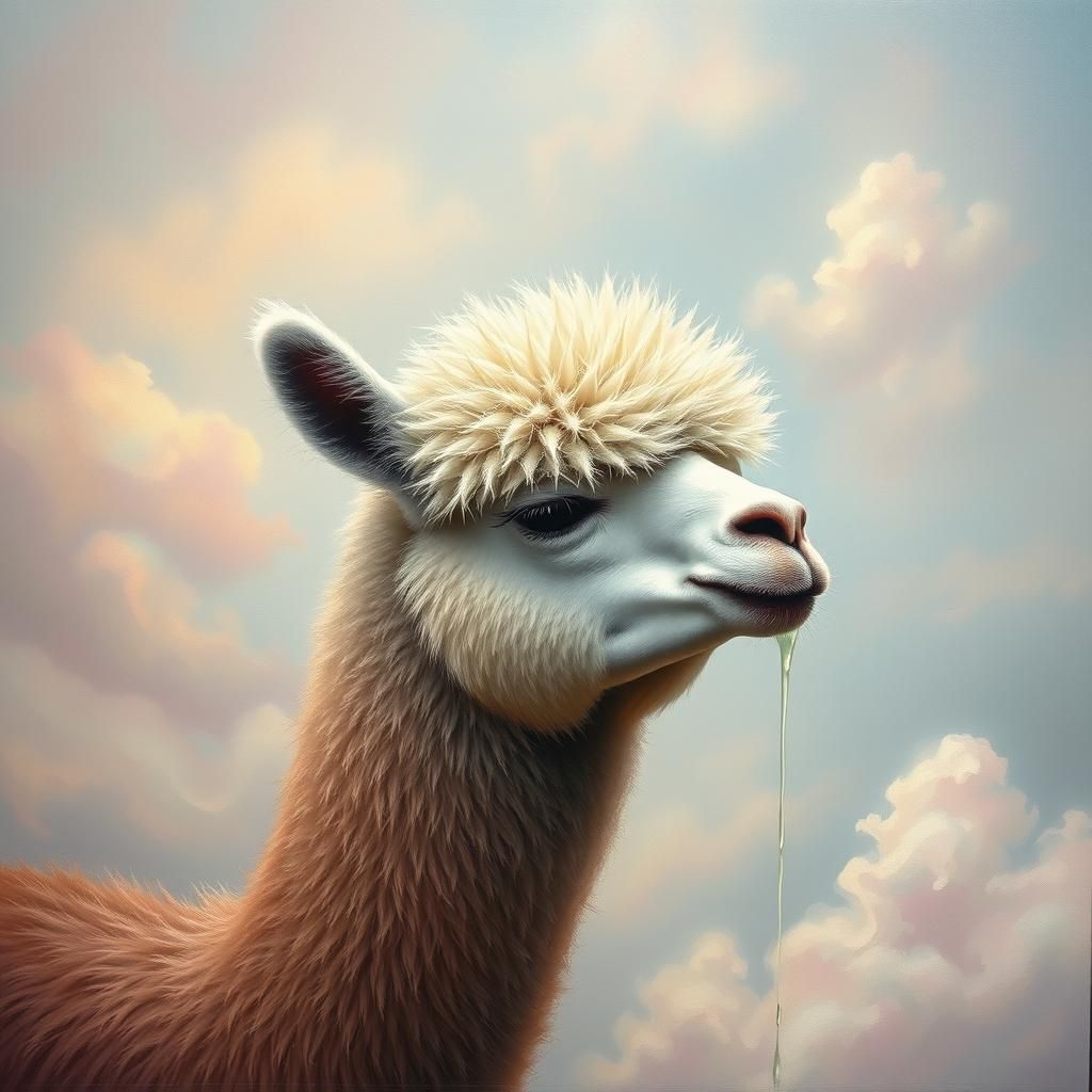 Dreaming Alpaca in Cactus Disguise, Surreal Oil Painting
