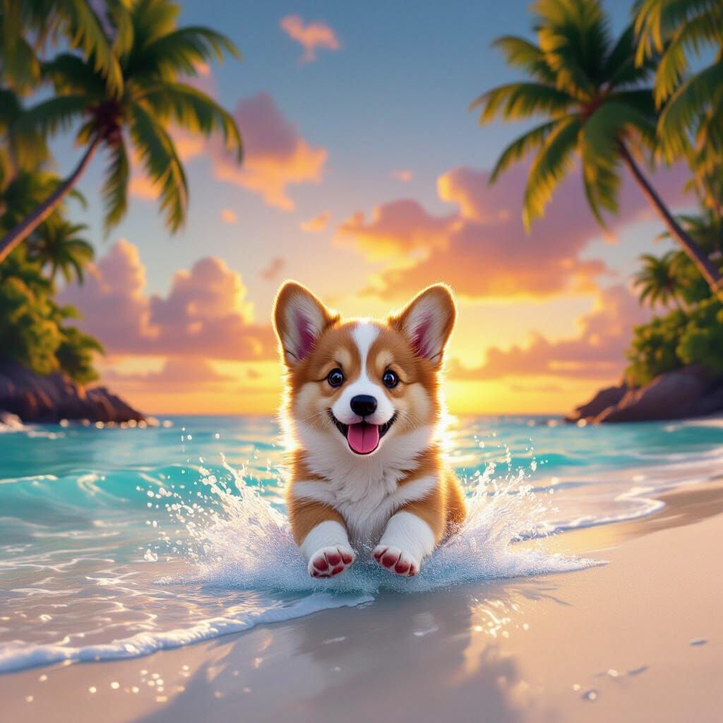 Cute Corgi Puppy Paddles in Turquoise Ocean at Sunset
