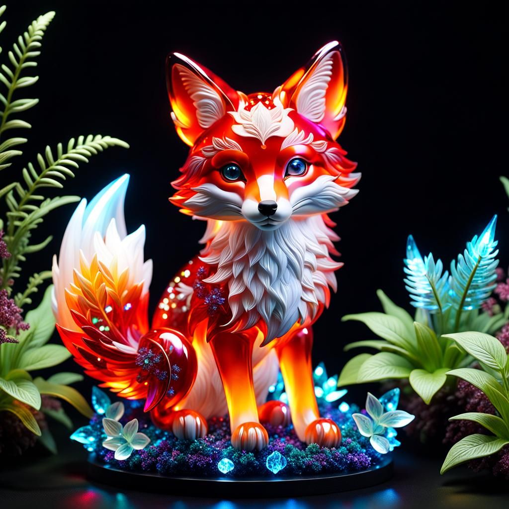 Bioluminescent Crystal Fox Sculpture in Glass