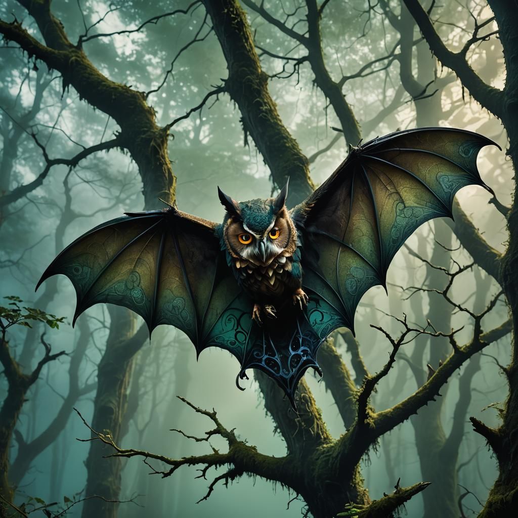 Bat-Owl Hybrid in Misty Forest: Gothic Fantasy Art