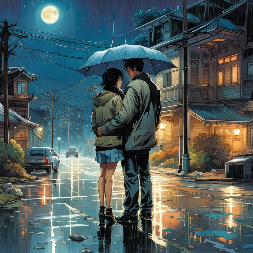 Romantic Embrace in Rainy Street: Fantasy Masterpiece