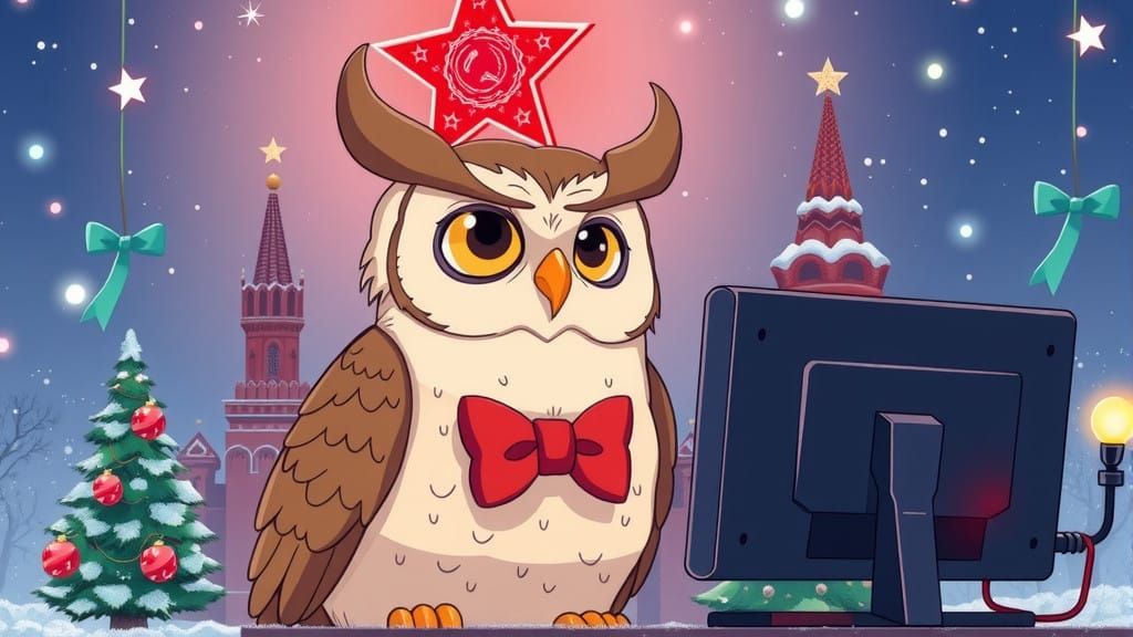 Calm Anime Owl Surfs PC in Soviet Kremlin Winter