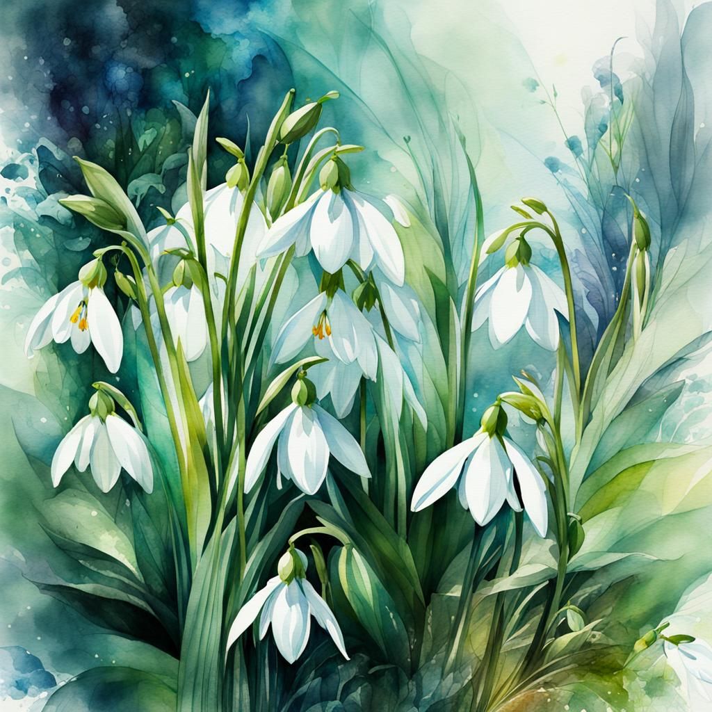 Fantasy Watercolor Snowdrops Double Exposure