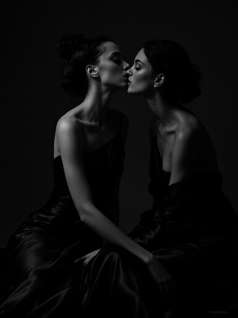Two Women in Black Satin Gowns, Grayscale Studio Portrait