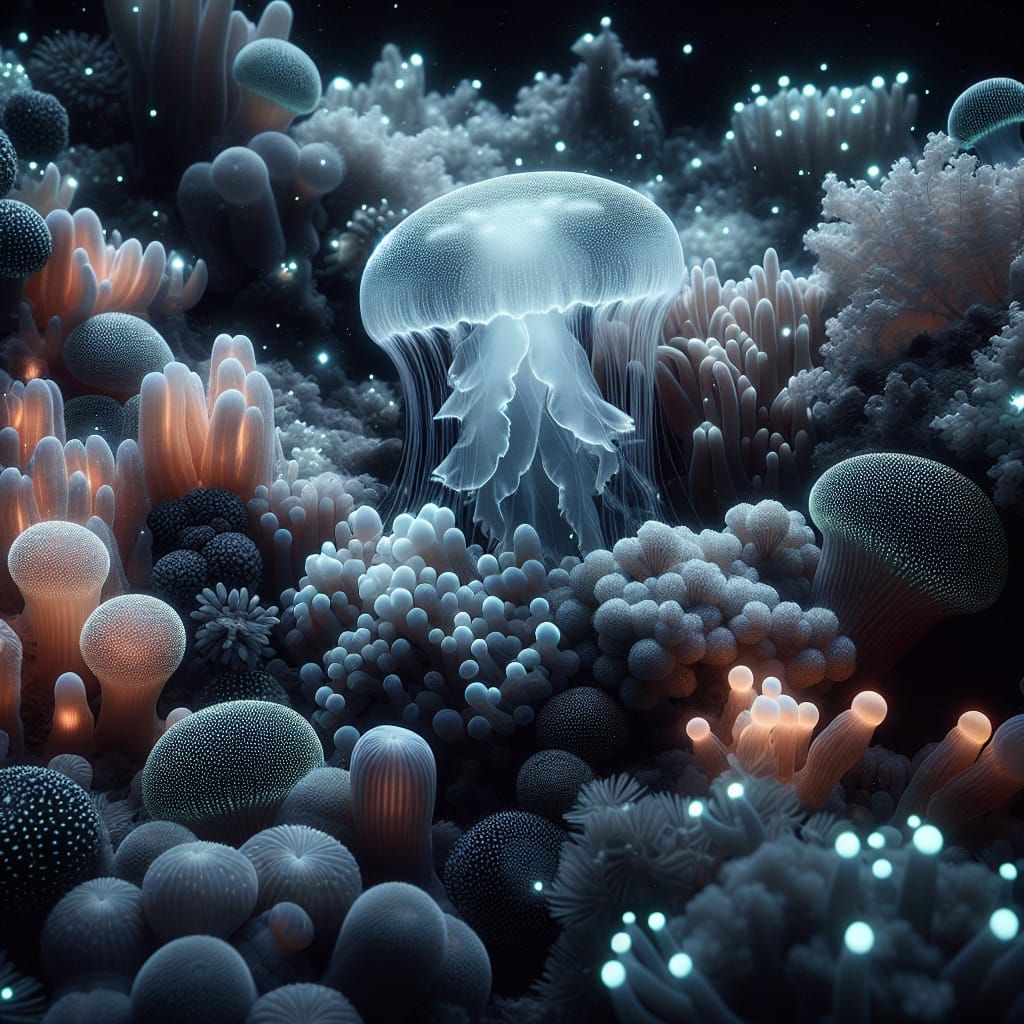 Underwater Realm Illuminated by Bioluminescent Coral