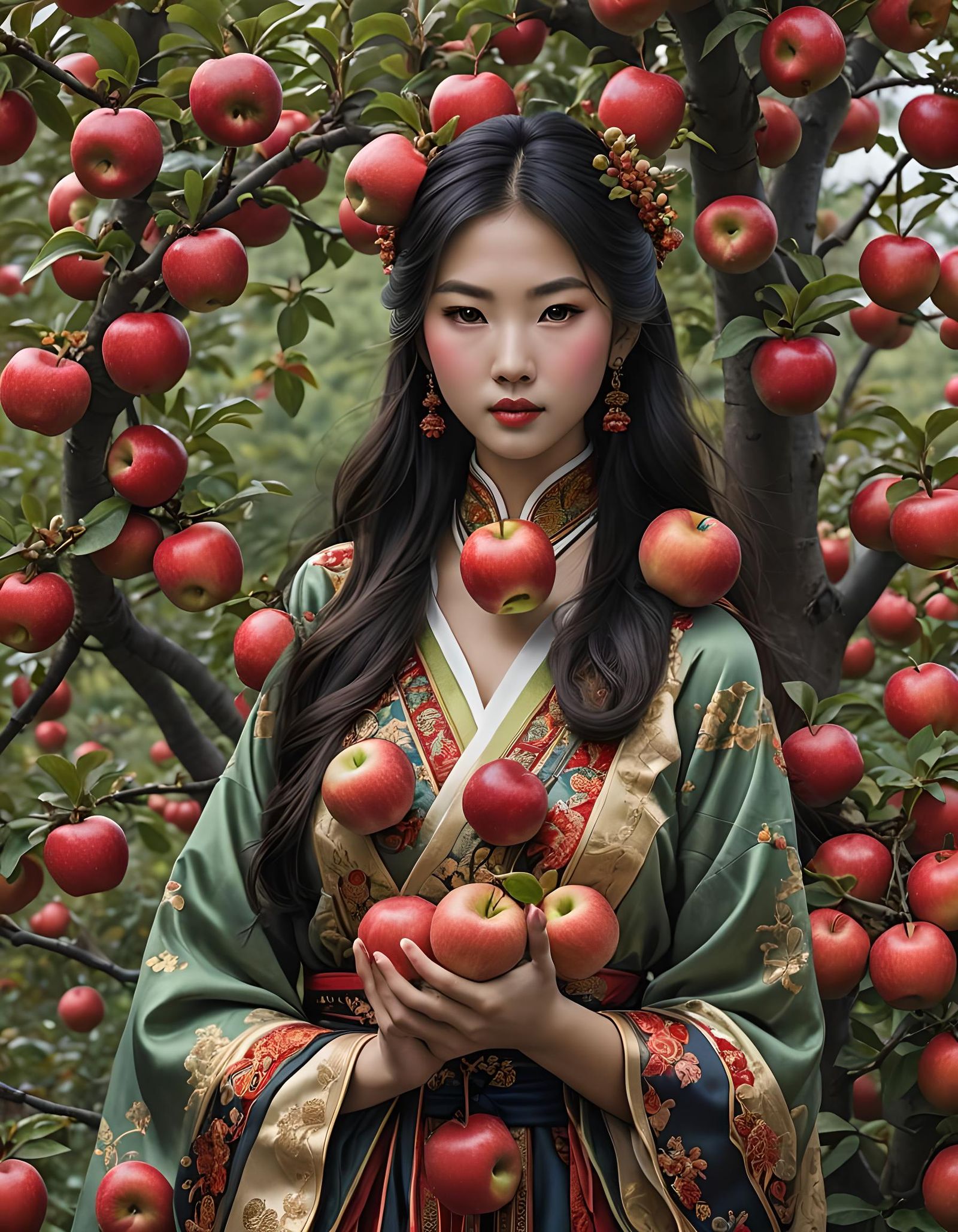 Asian Maiden with Apples: Hyperdetailed DSLR Photo