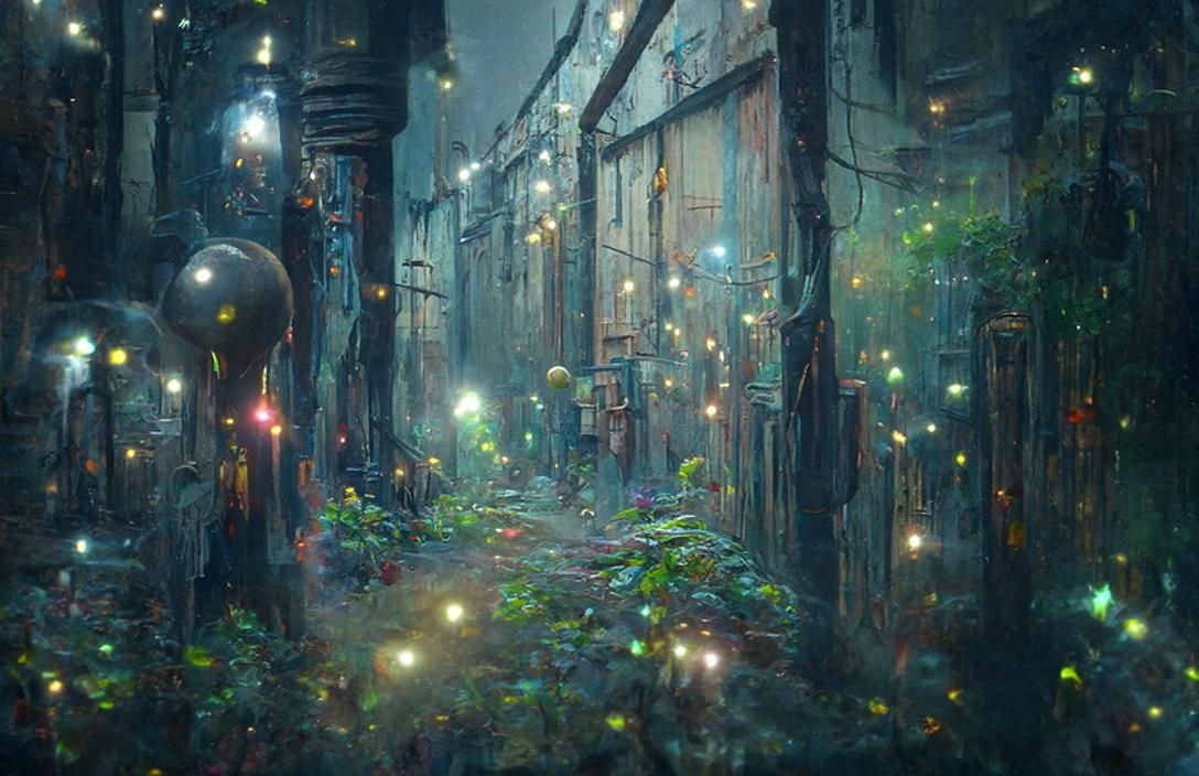 Steampunk Alleyway of Fireflies in Magical Realism