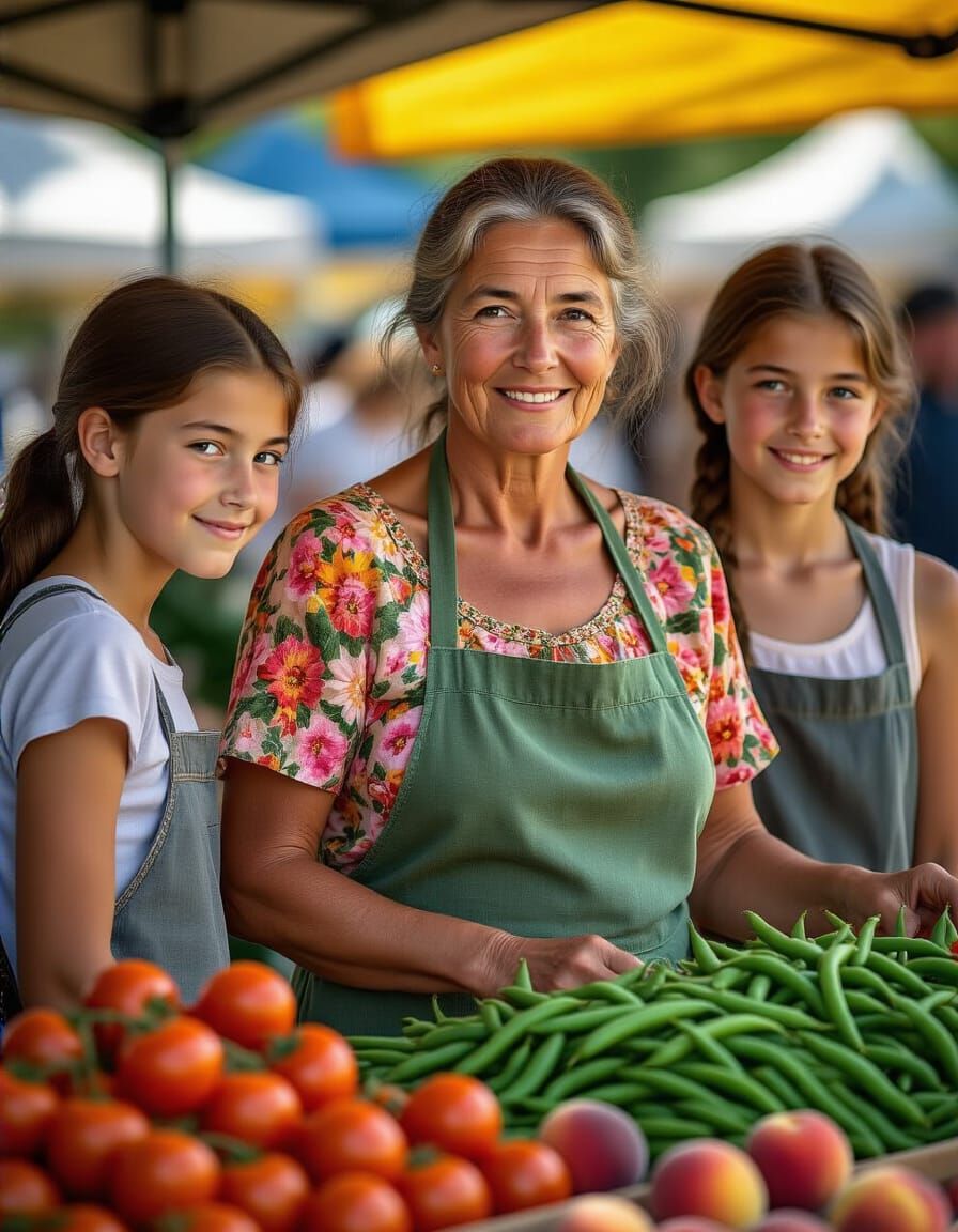 Family Selling Produce at Bustling Farmers Market