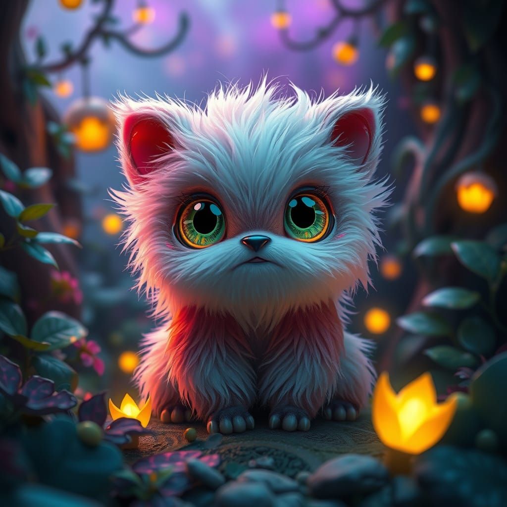 Whimsical, Fluffy Creature in Enchanted Forest