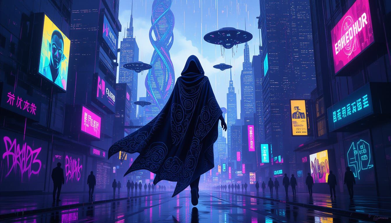 Cyberpunk Data Oracle in Rain-Soaked Megacity