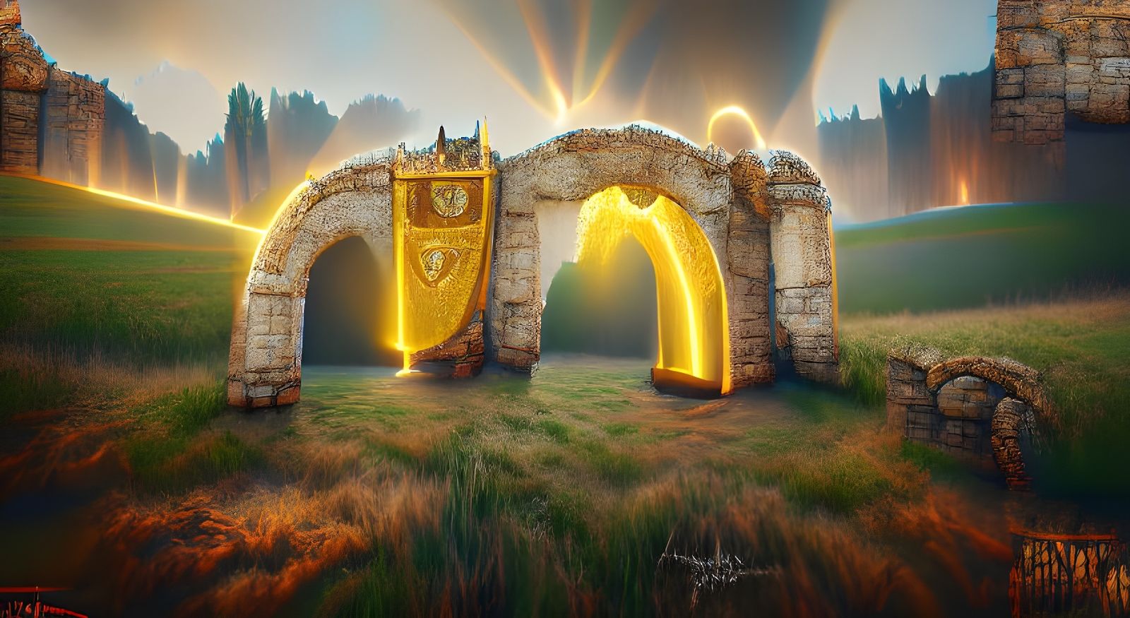 Golden Portal of Light on Medieval Battlefield