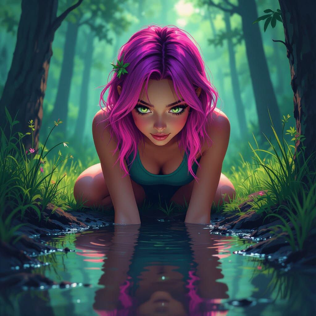 Neon Haired Girl's Mystical Reflection in Forest