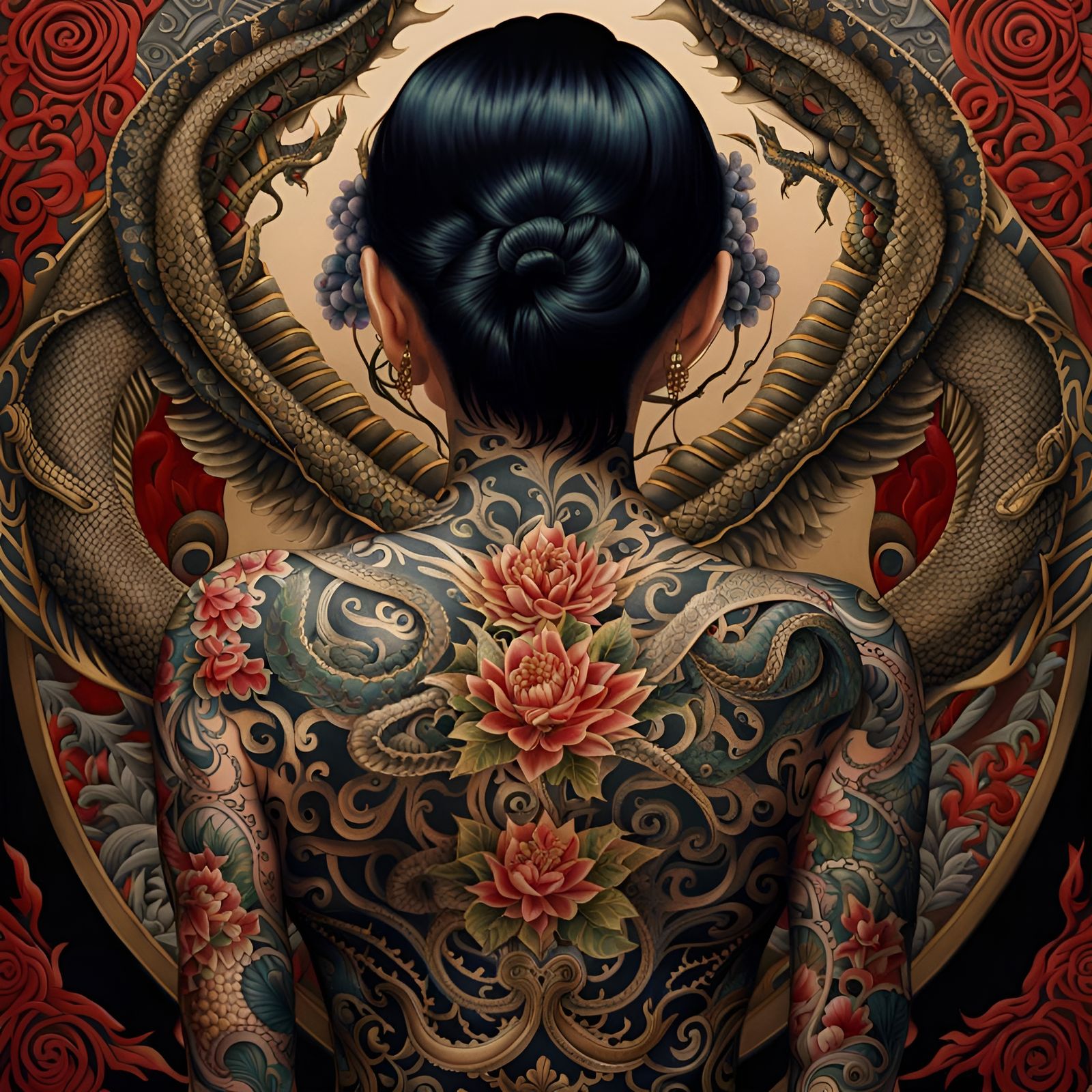 Woman with Dragon Irezumi Tattoo in Chiaroscuro Style
