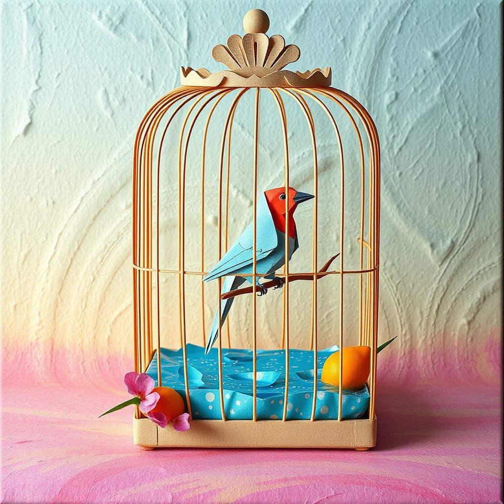 Origami Bird in Whimsical Bristol Board Cage