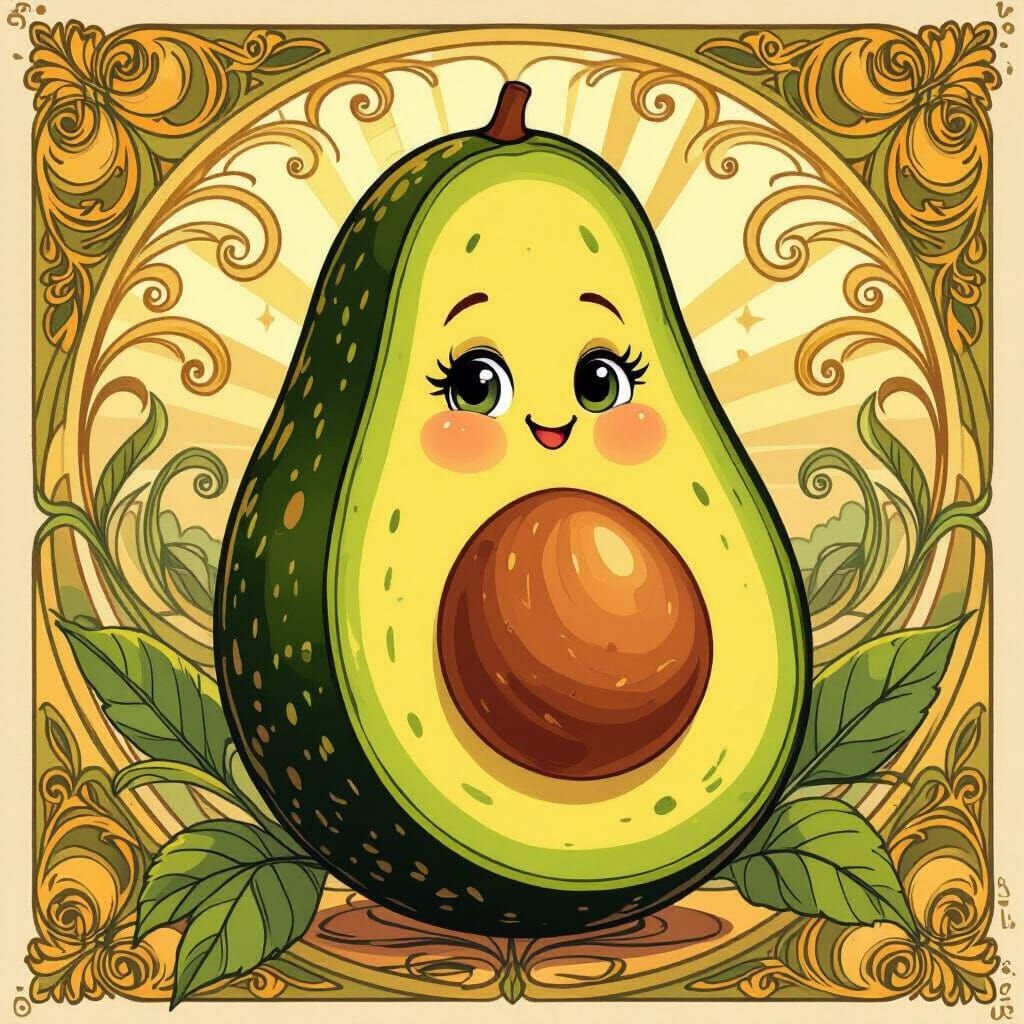 Whimsical Art Nouveau Avocado Character Illustration