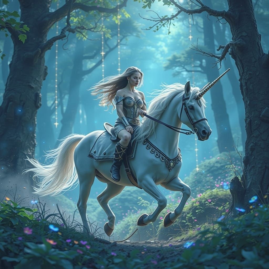 Barbarian Woman Rides Unicorn Through Bioluminescent Forest