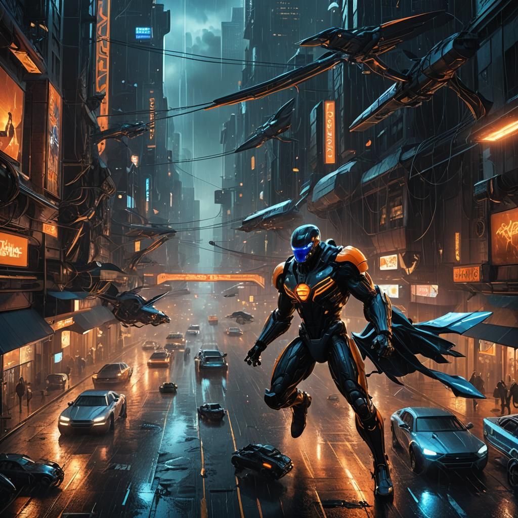 Superhero vs Flying Machines in Neon Cityscape