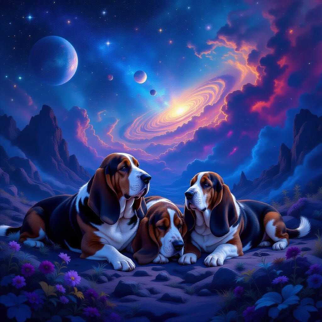 Basset Hounds in Cosmic Landscape: Deep Space Blues & Purple...