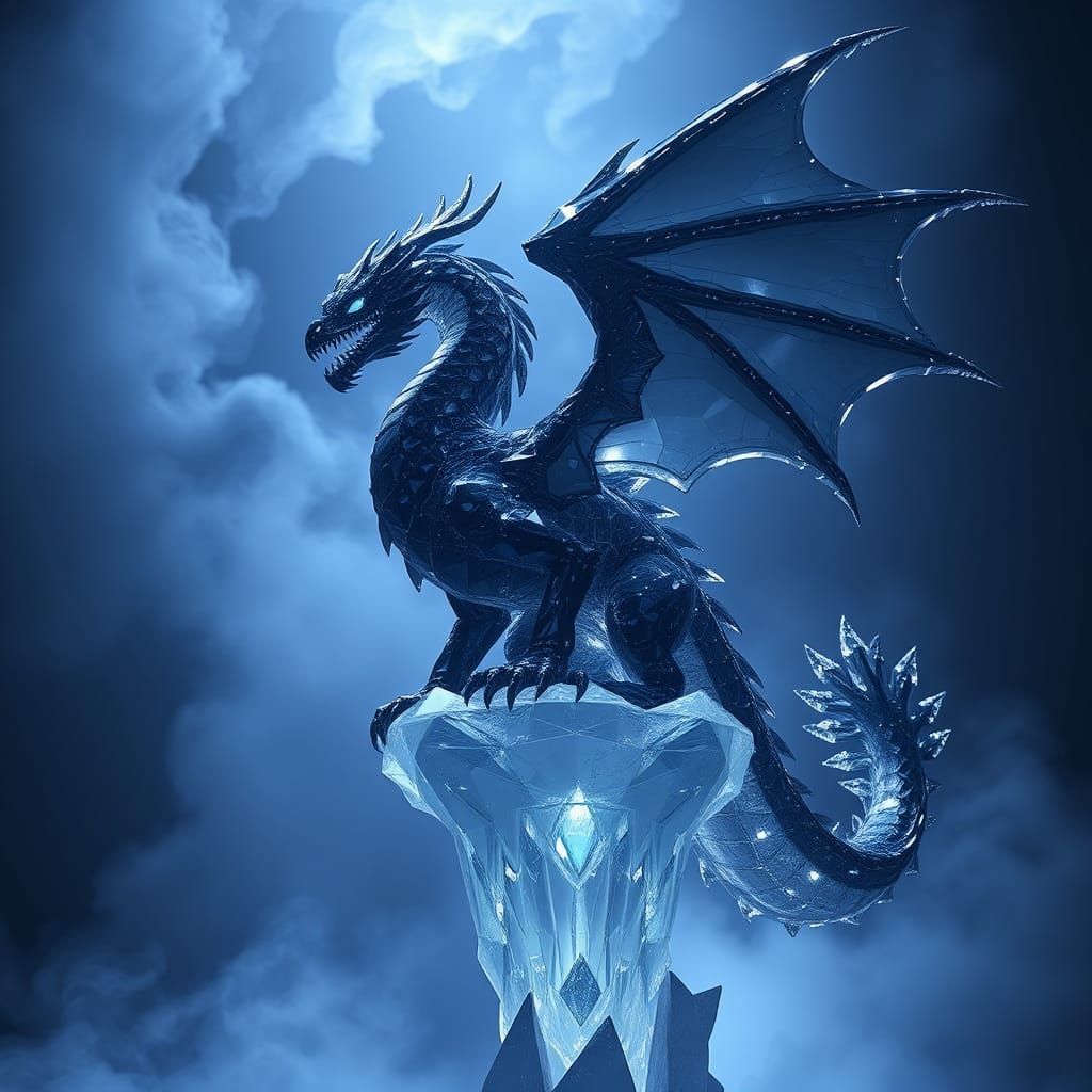 Crystalline Dragon Perched on Pedestal in Ethereal Mist