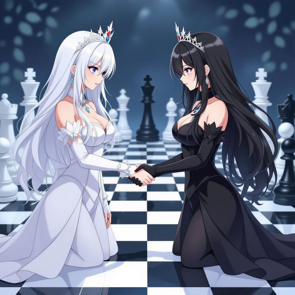 Two Queens Face Off on Giant Chessboard, Semi-Realistic Styl...