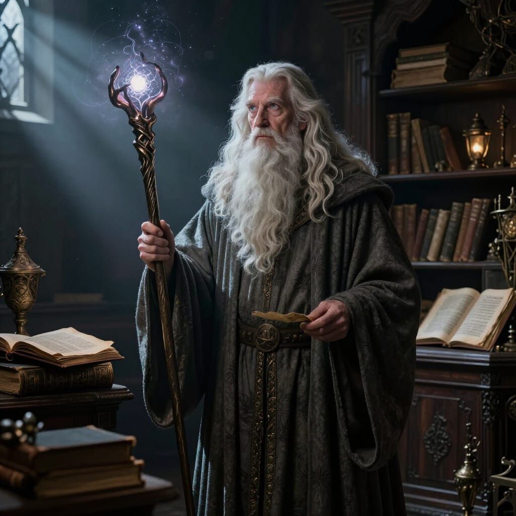 Merlin the Wise Wizard in Realistic Fantasy Style