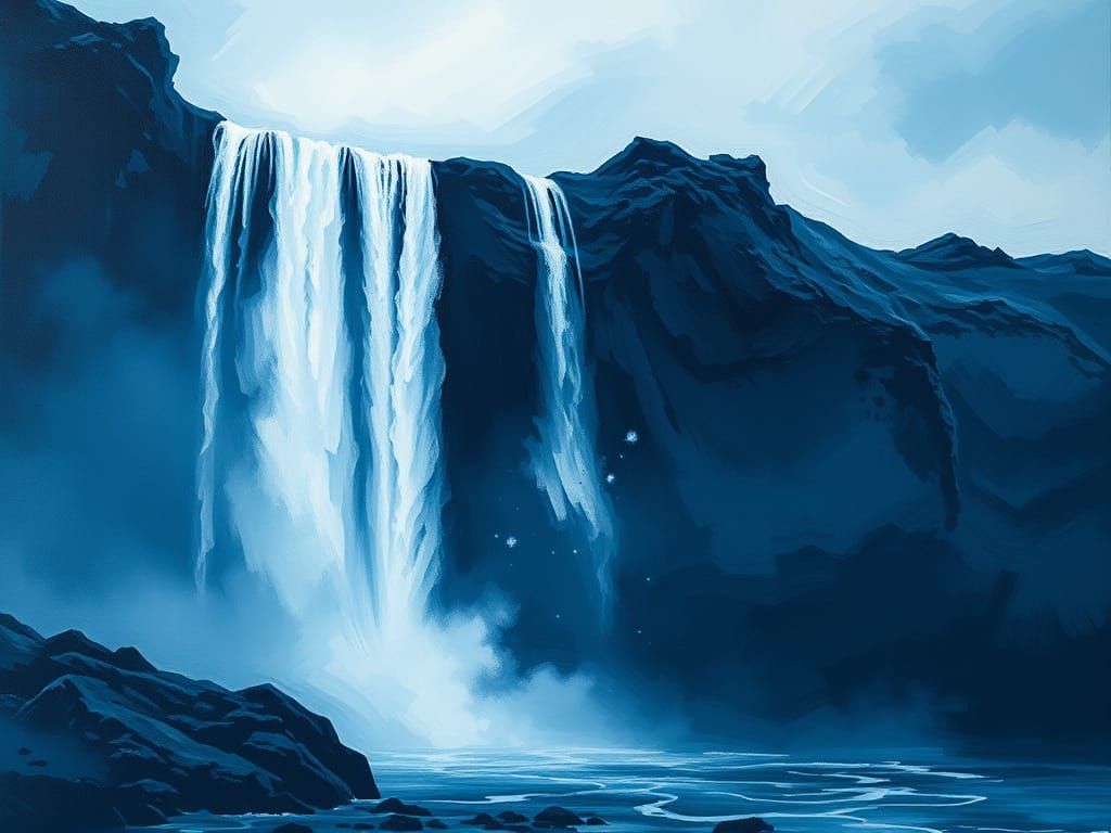 Dramatic Monochromatic Waterfall in Chiaroscuro Oil Painting...