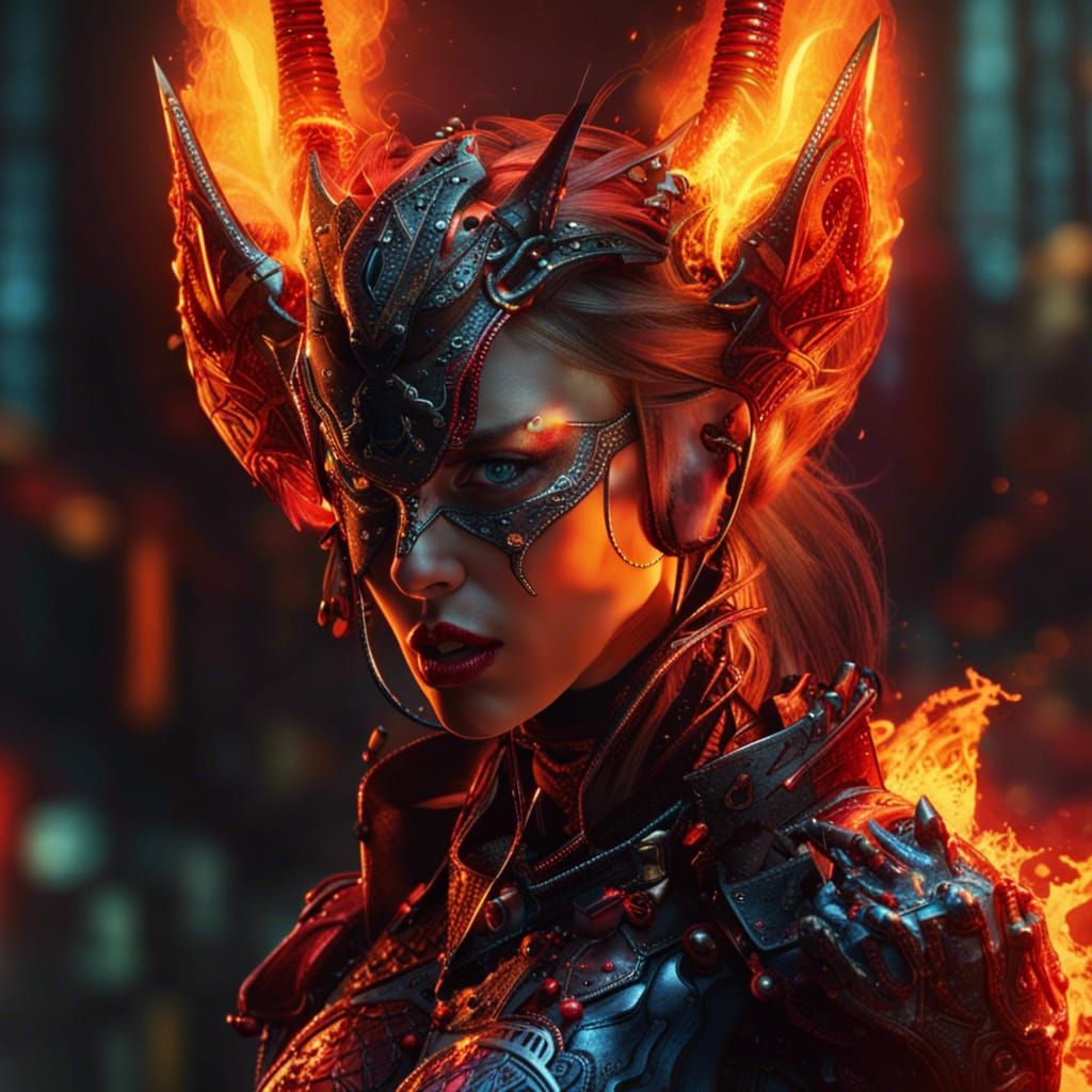 Cybernetic Female Devil with Fire Stream