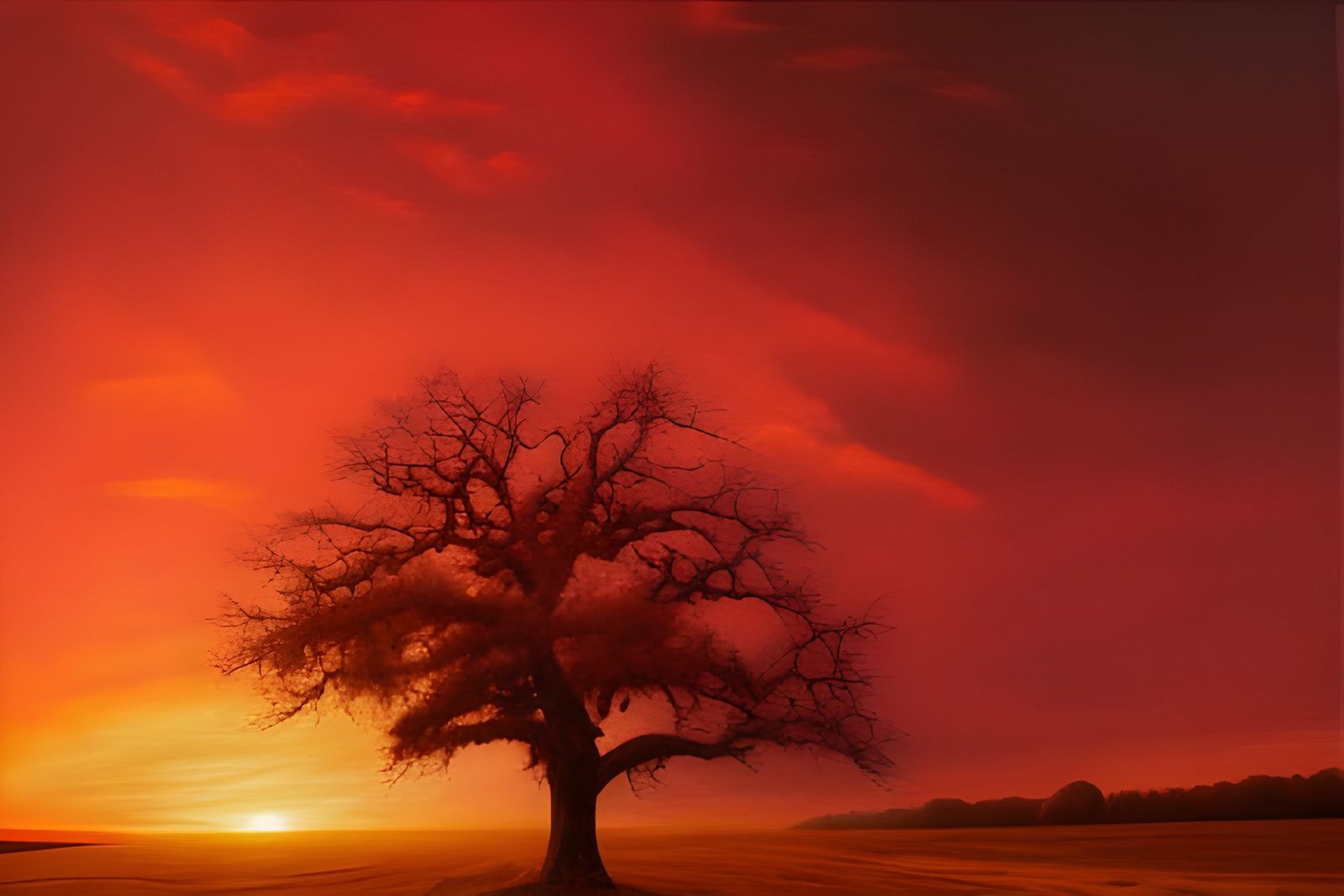 Lone Oak Tree at Sunset: Hyperrealistic Oil Painting