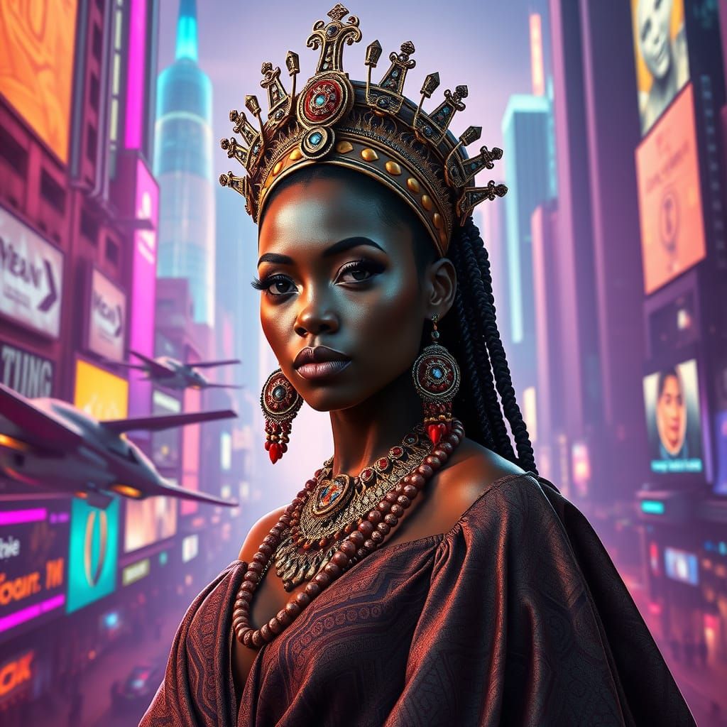 Modern African Queen in Futuristic Cityscape