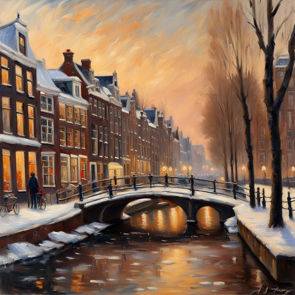 Winter Canal Scene in Impressionist Style