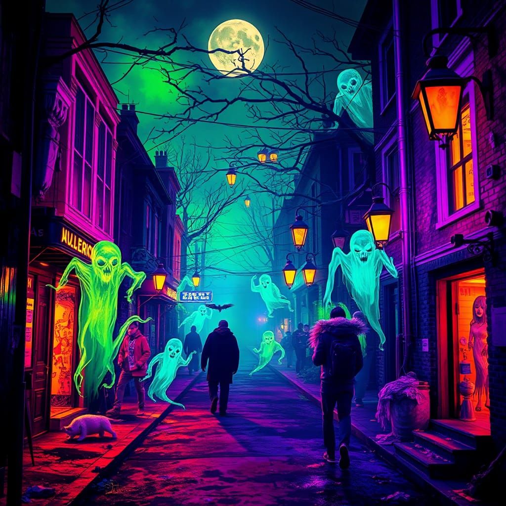 Fluorescent Haunted Street with Ghosts in Fine Art Style