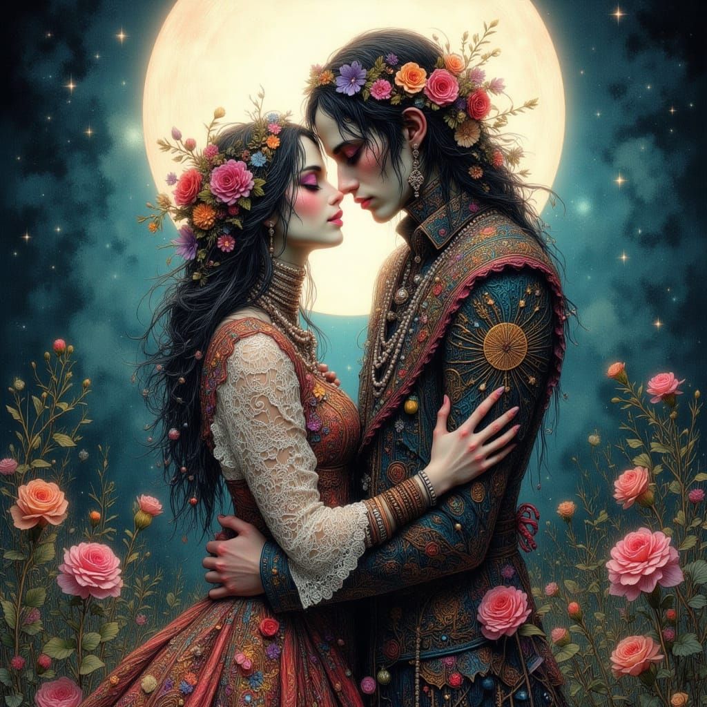 Romantic Bohemian Couple Under the Full Moon