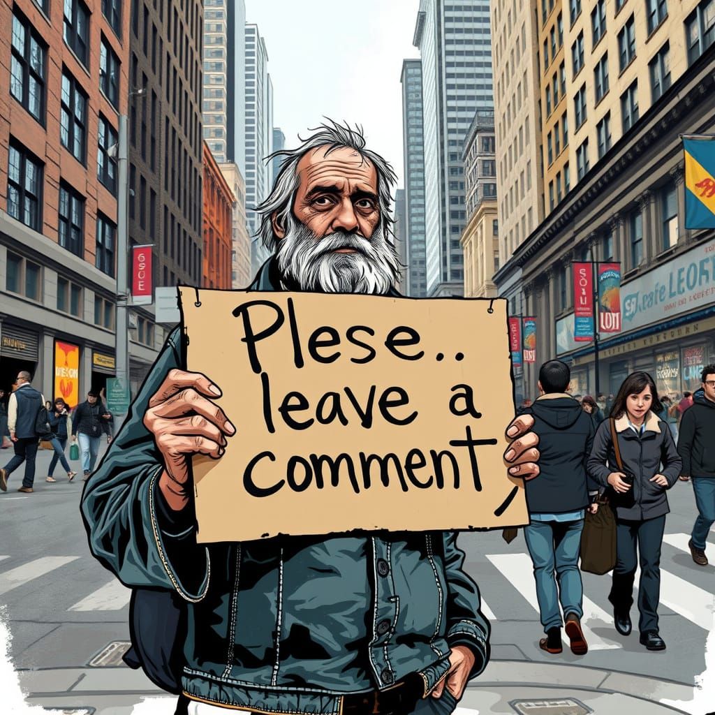 Homeless Man Holding Cardboard Sign in Urban Gritty Style