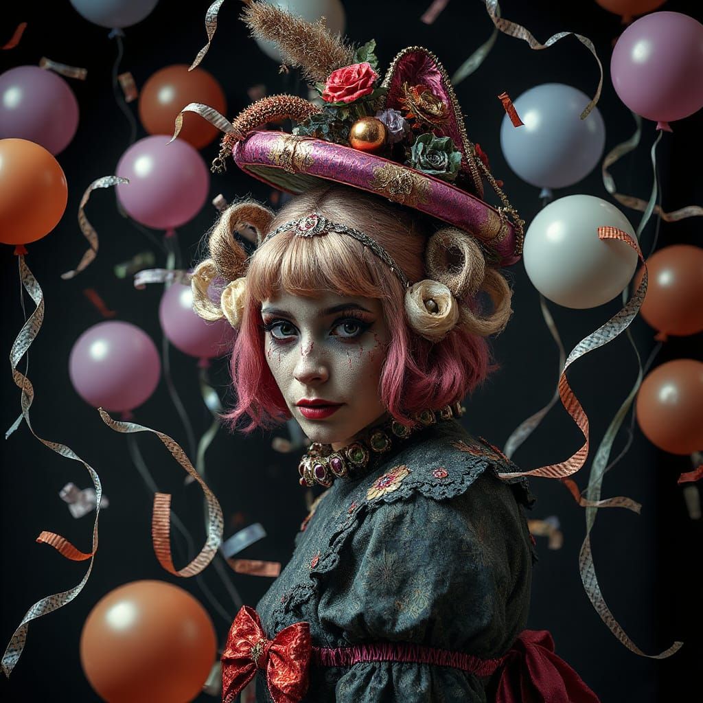 Eerie Woman in Costume with Confetti, Gothic Illustration