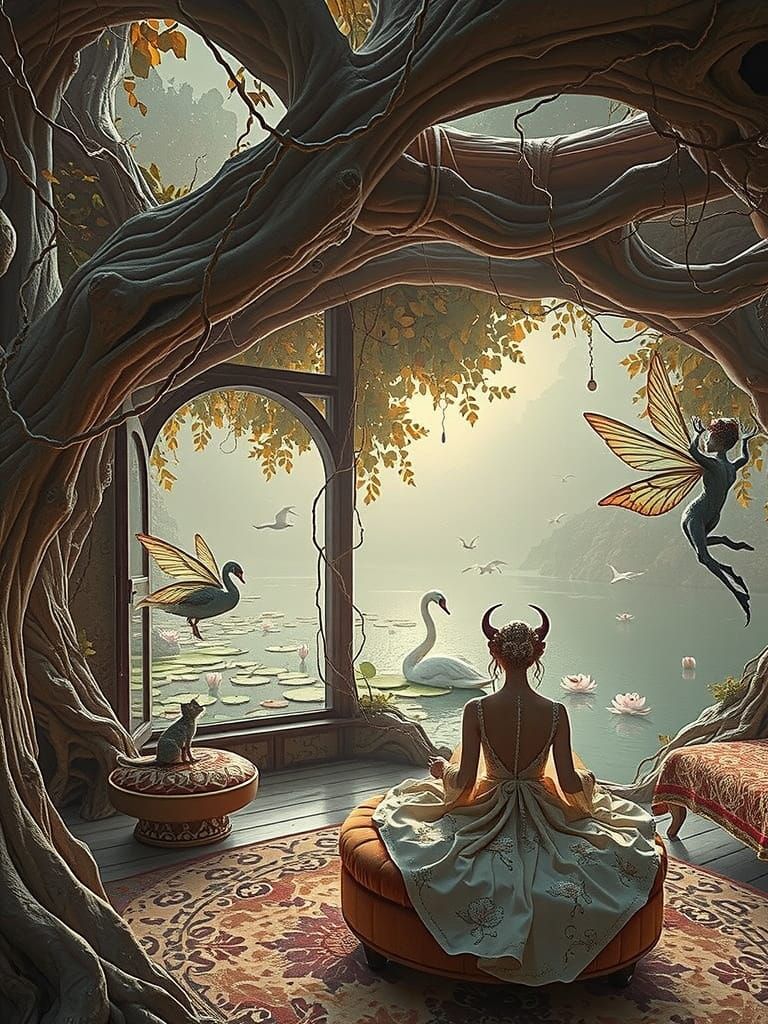 Surreal Goddess in Ethereal Gown Amidst Ancient Tree Trunk A...