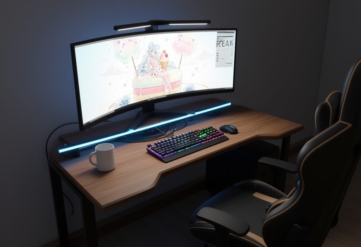 First-Person 3D Desk Setup with Anime Screen