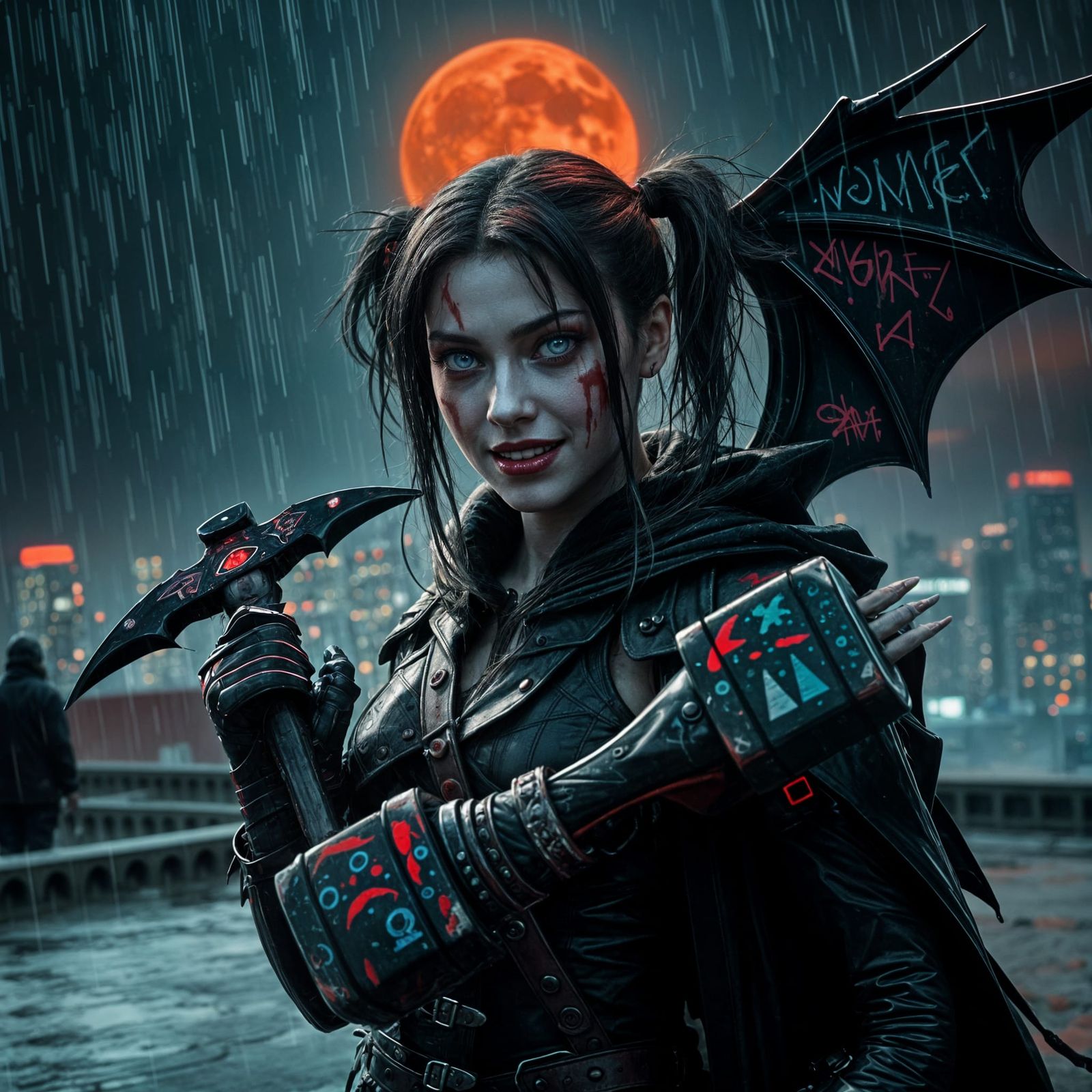 Mysterious Warrior in Neon Armor Under Blood Moon