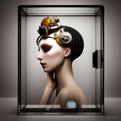 Steampunk Fashion Head in Glass Box, Monochrome 3D Model