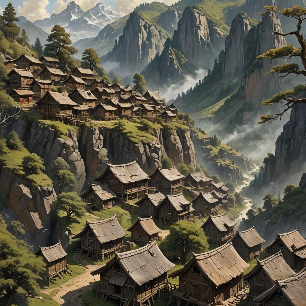 Mountain Village Concept Art in Frank Frazetta Style