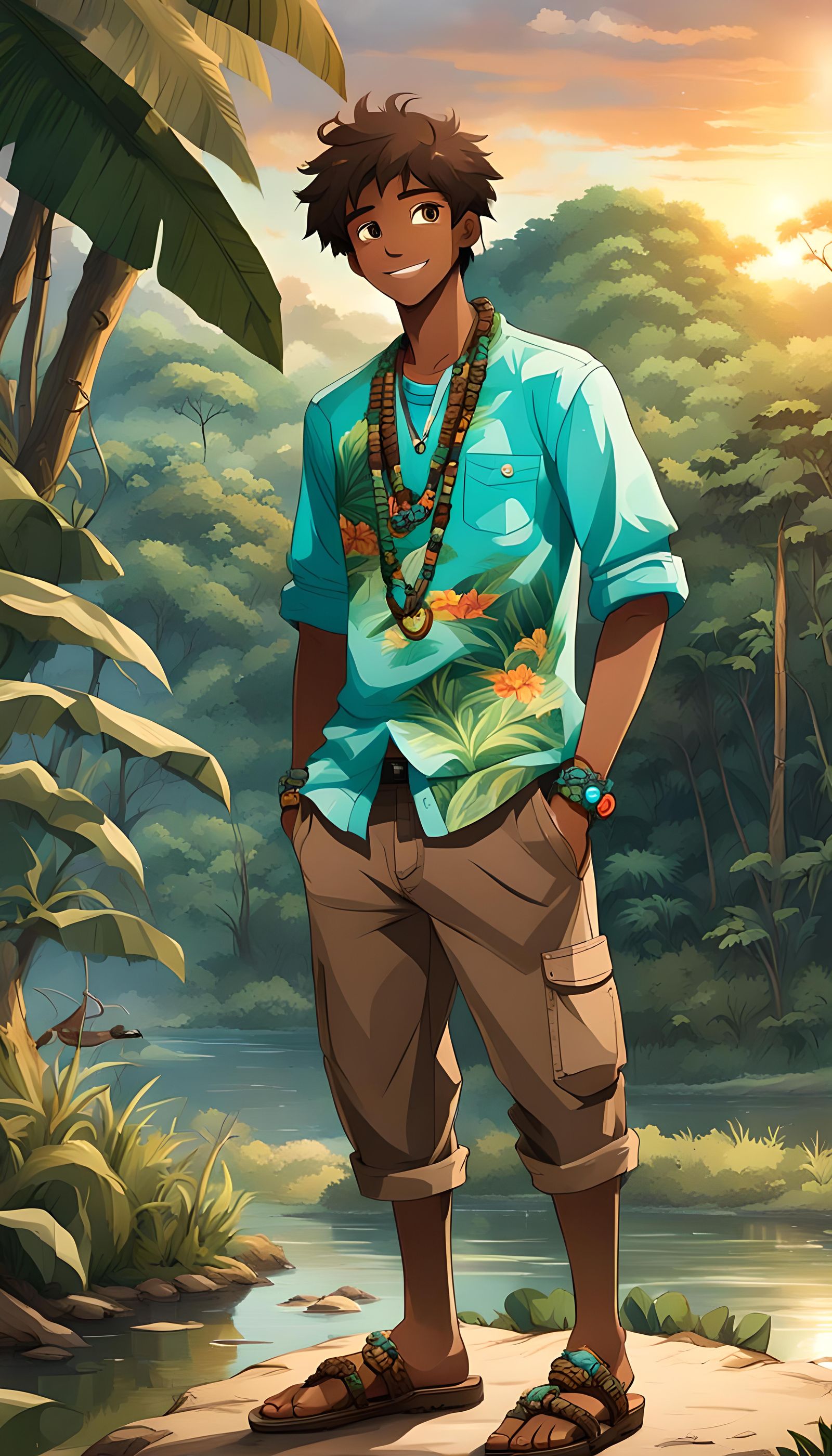 Anime Boy Lounging in Amazon Jungle at Sunset