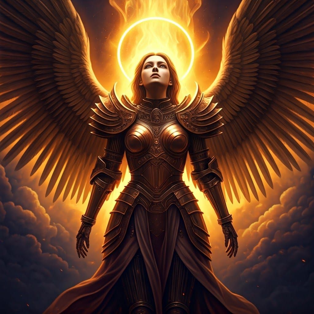 Female Angel in Bronze Armor Descends in Radiant Holy Fire