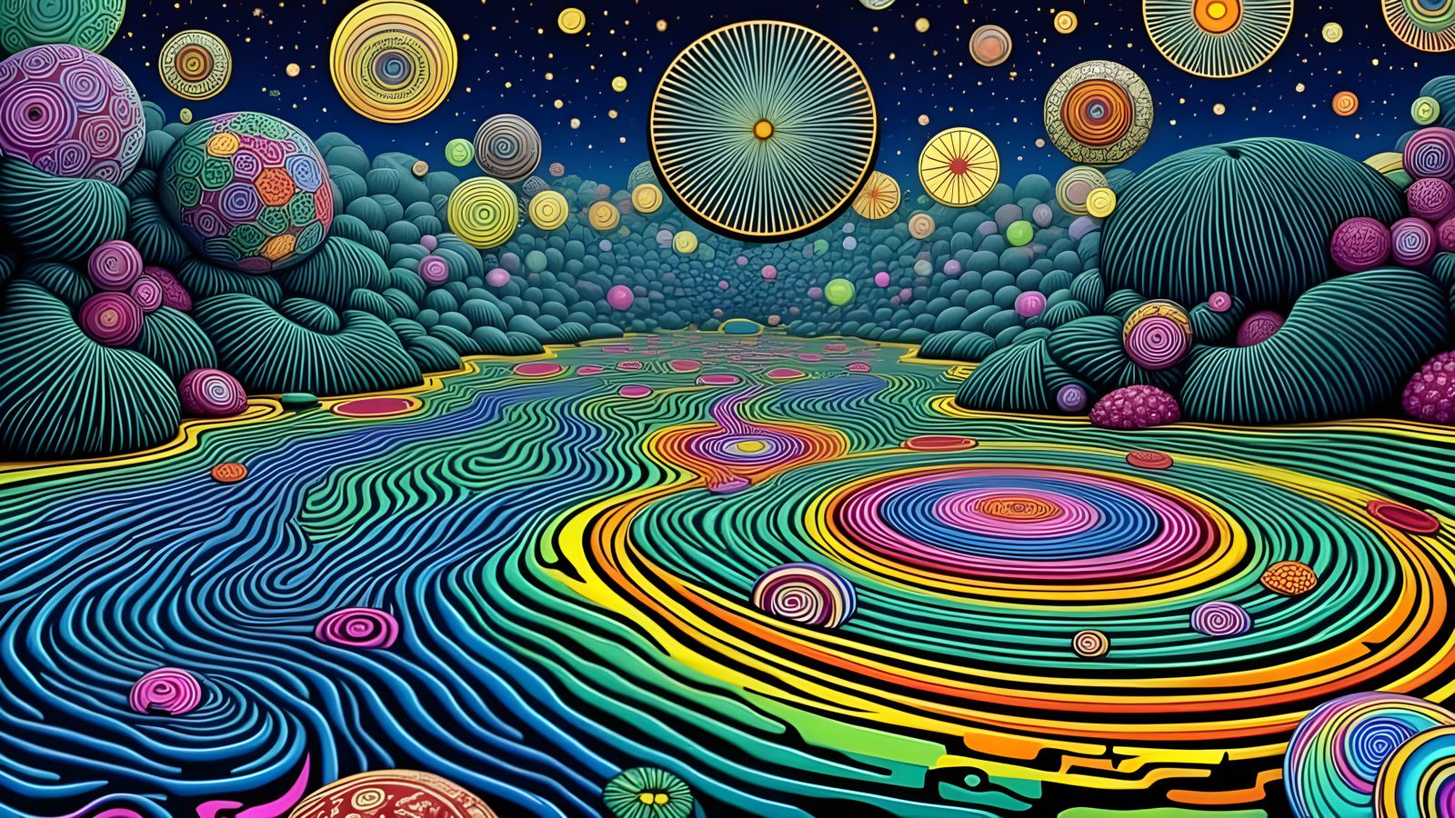 Psychedelic Cosmic Resort with Kaleidoscopic Garden