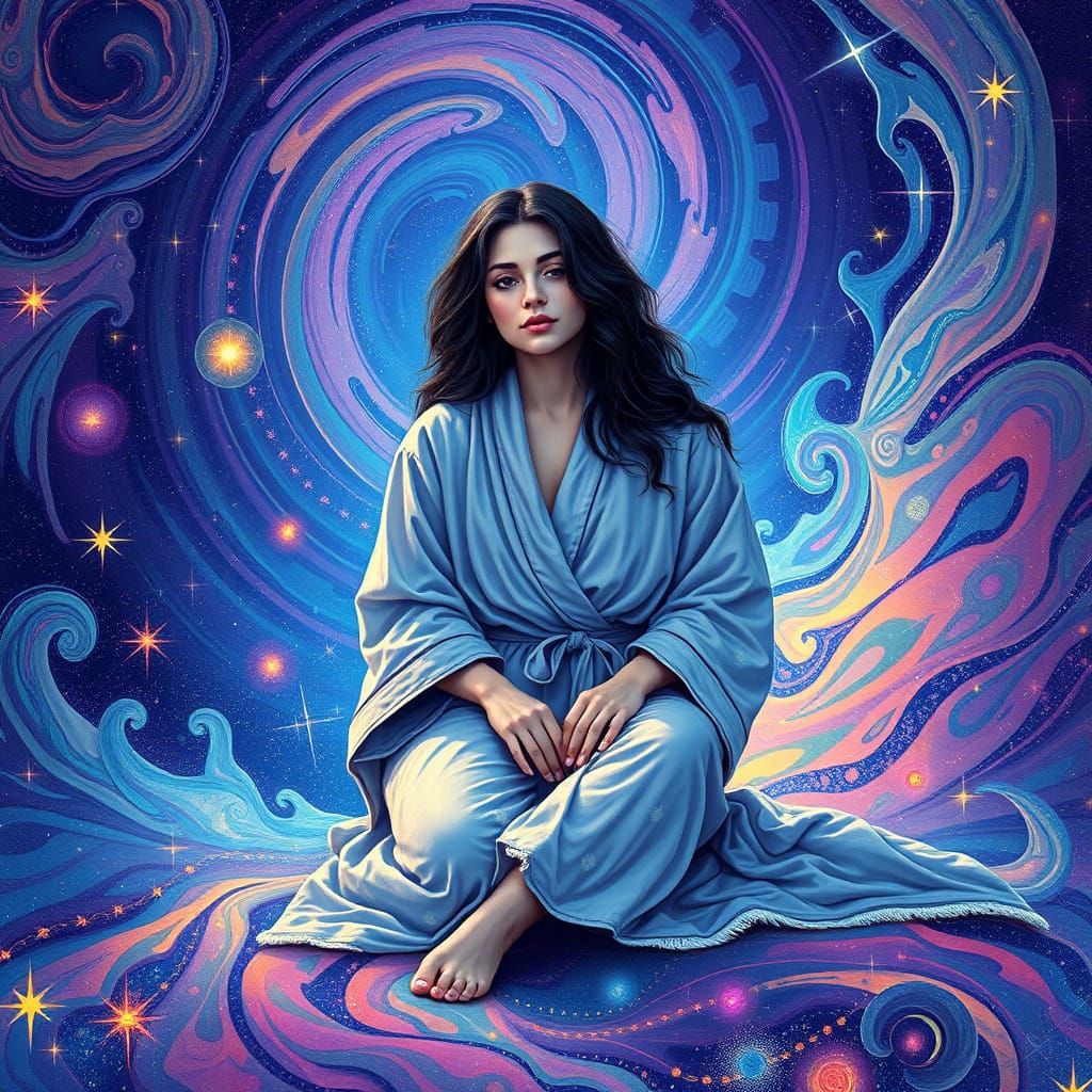 Woman in Cosmic Dreamscape, Holographic Psychedelic Illustra...